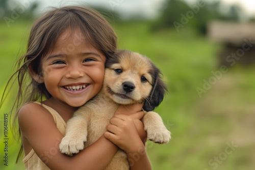 A delighted young girl beams with joy as she holds a puppy close in a vibrant green field, symbolizing the pure love and carefree spirit of childhood and pet companionship. photo