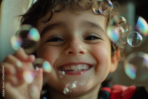 A joyful child surrounded by shimmering bubbles, displaying a bright smile that reflects the wonder of childhood and the simple pleasures found in playtime, enjoying the moment. photo