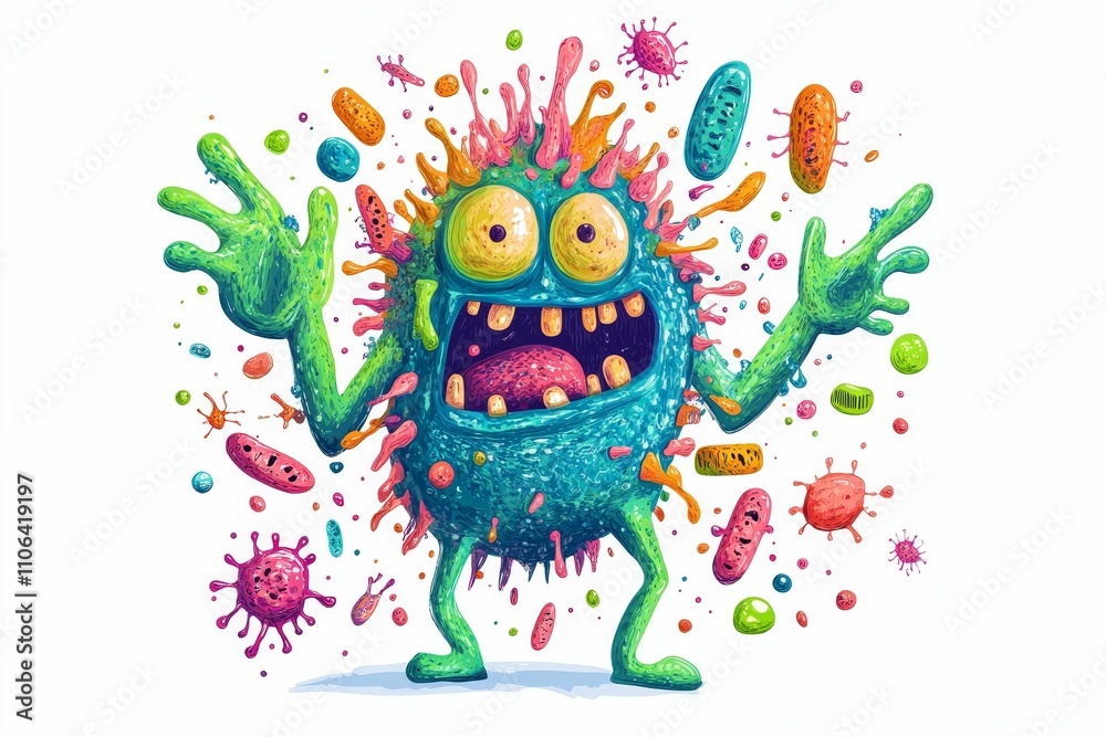Naklejka premium Colorful monster, microbes, splatter, joyful expression.