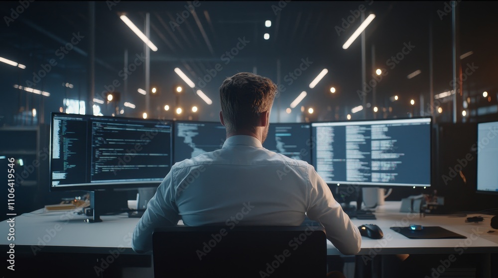 The back of a male computer engineer and scientist who is in the process of creating a neural network can be seen. The office screens present a 3D simulation depicting big data, machine learning The back of a male computer engineer and scientist who is in the process of creating a neural network can be seen. The office screens present a 3D simulation depicting big data, machine learning