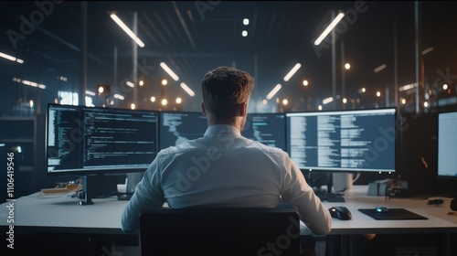The back of a male computer engineer and scientist who is in the process of creating a neural network can be seen. The office screens present a 3D simulation depicting big data, machine learning