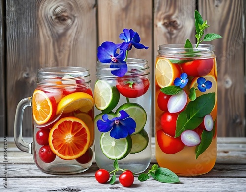 Vibrant Infused Water Jars on Rustic Table photo