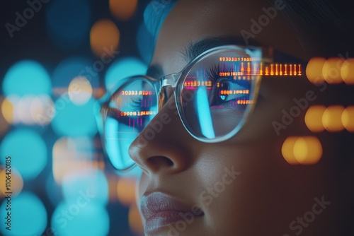 A woman at night thinks deeply about data analytics and information technology, with a hologram of code above the computer. IT professionals are performing research in cybersecurity, algorithms, and