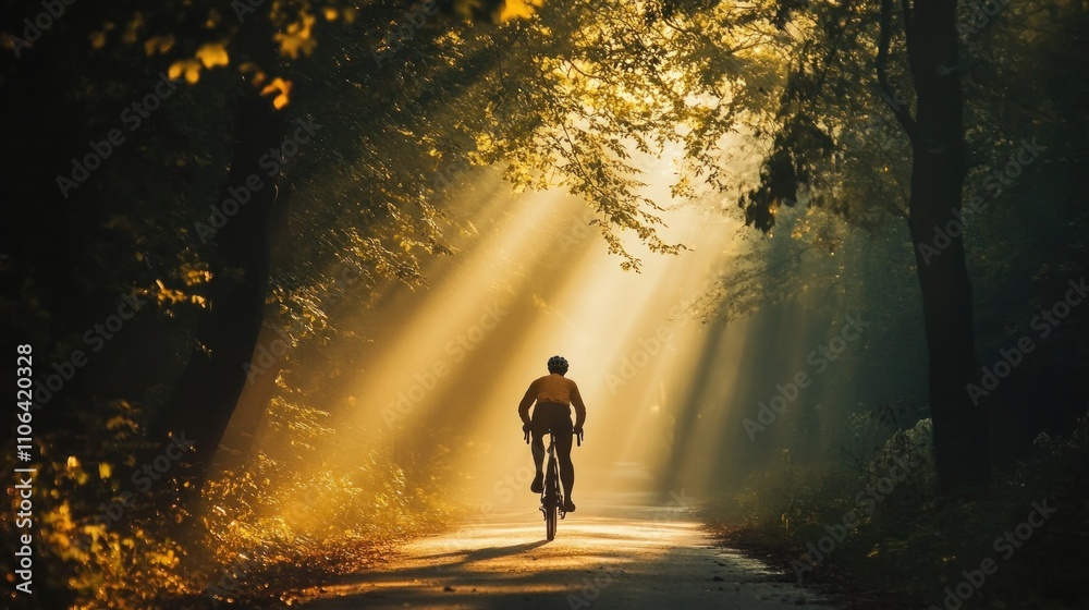 Solitary Cyclist in a Sun-Drenched Forest Path Solitary Cyclist in a Sun-Drenched Forest Path