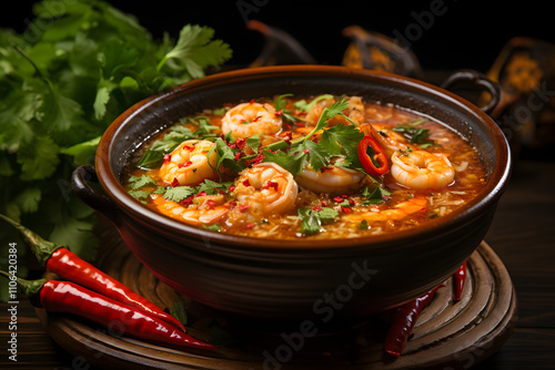 Spicy Shrimp Soup with Fresh Herbs and Red Chili Garnish