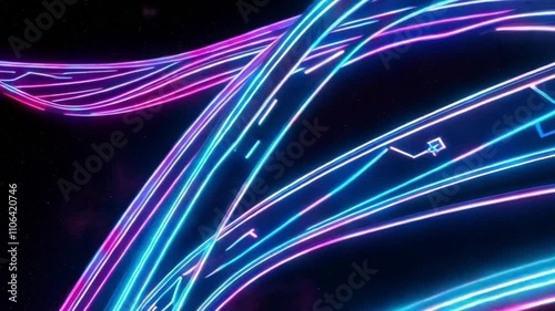 Bright neon lines curving around in space, giving a 3D futuristic vibe