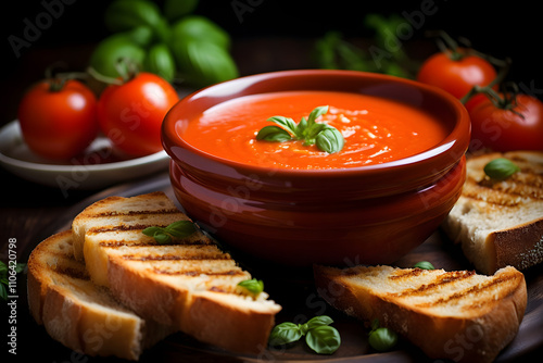 Creamy Tomato Soup Garnished with Fresh Basil, Served with Grilled Bread