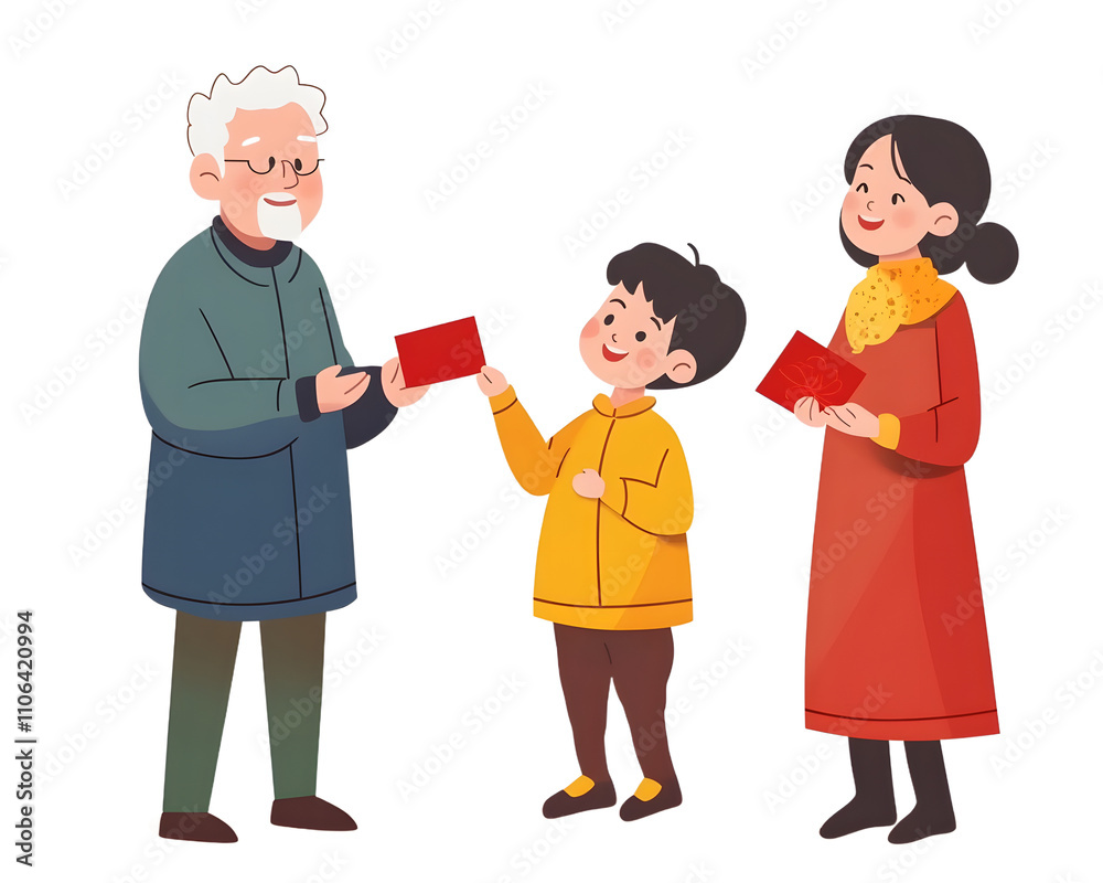 A cheerful family scene featuring a grandfather, a child, and a mother exchanging red envelopes, symbolizing joy and togetherness. Bright and friendly atmosphere. A cheerful family scene featuring a grandfather, a child, and a mother exchanging red envelopes, symbolizing joy and togetherness. Bright and friendly atmosphere.