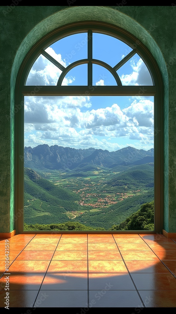 Fototapeta premium A view of a valley through a window.
