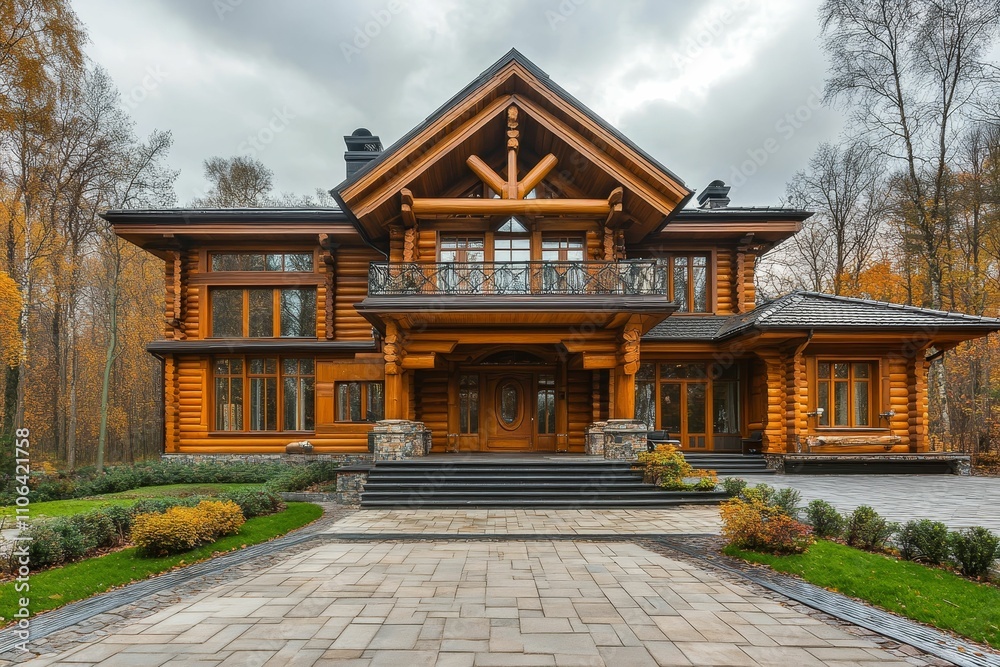 Large log home, autumn setting, landscaped grounds. Large log home, autumn setting, landscaped grounds.