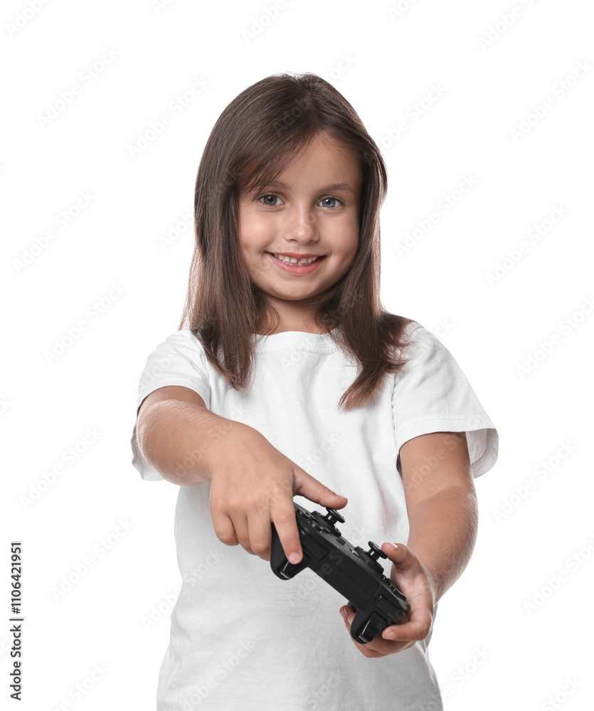 Happy little girl playing video game with controller on white background Happy little girl playing video game with controller on white background