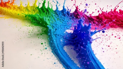 Bright paint splatters burst across a white background, creating a playful and artistic atmosphere.