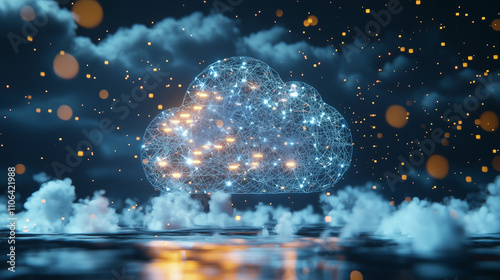 A crystalline cloud icon, illuminated and networked, floats above a reflective surface amidst ethereal clouds and sparkling particles, symbolizing digital data storage and global connectivity