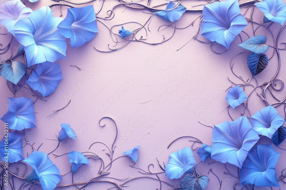 Obraz premium Real morning glories on a mauve background, framed by delicate embossed vines in a soft metallic sheen.