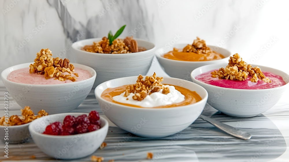 Assorted creamy desserts in bowls with toppings on a marble surface Assorted creamy desserts in bowls with toppings on a marble surface