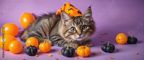 Cat with festive hat and balloons photo