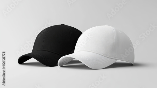 Two hats, one black and one white, are placed on a white surface photo