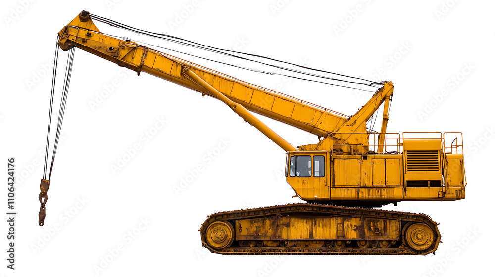 A yellow hoisting crane isolated against a white background A yellow hoisting crane isolated against a white background