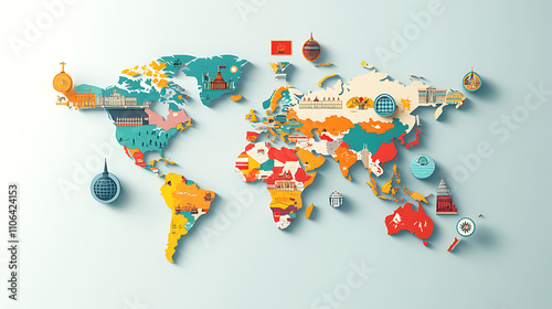 Fototapeta Naklejka Na Ścianę i Meble -  A world map on a flat plane with a primary focus, Colorful badges are attached to the capital of each country