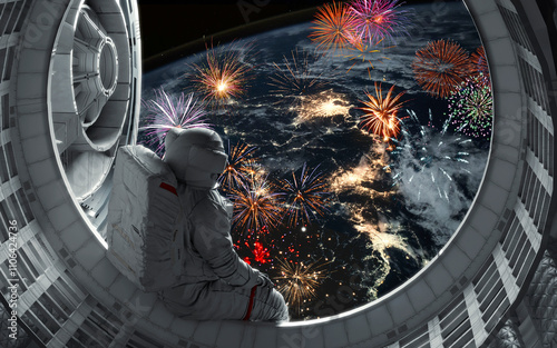 Obraz na płótnie 3D illustration of astronaut sits by the window of a space station, looks at the Christmas fireworks above the Earth. New Year 2025. w salonie