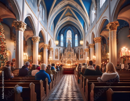 A grand cathedral interior with high vaulted ceilings, ornate chandeliers, and a golden altar, filled with people seated in pews, illuminated by soft, warm light