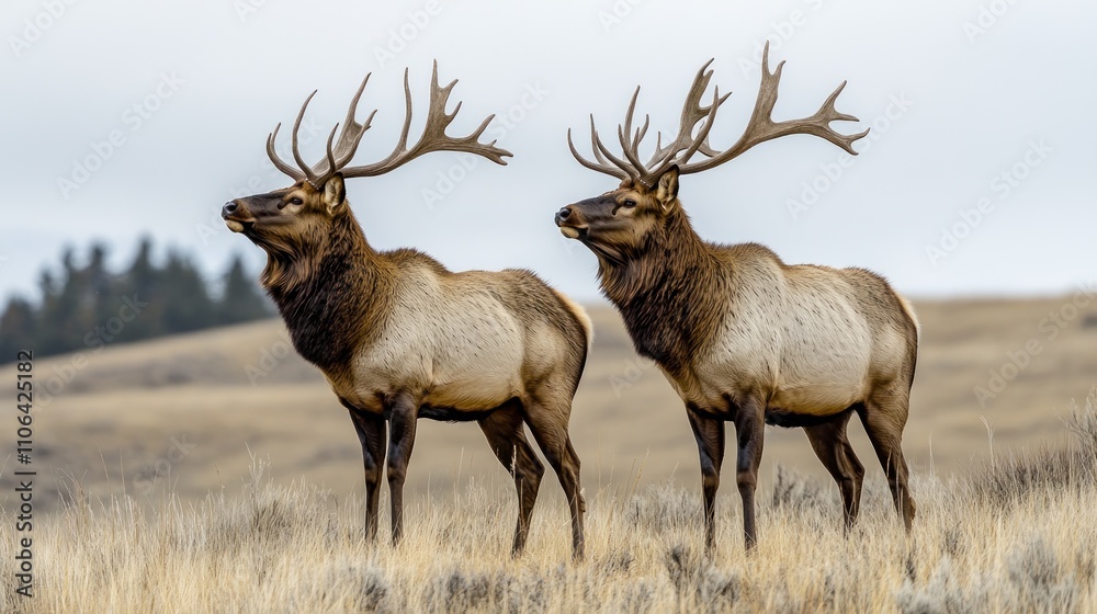 Two Majestic Elk Stand Tall in a Lush Meadow Two Majestic Elk Stand Tall in a Lush Meadow