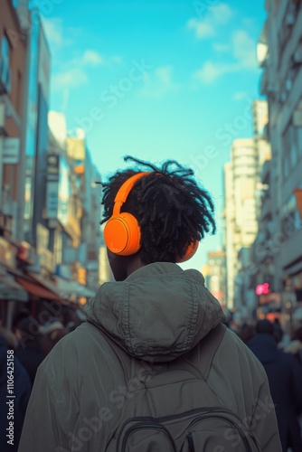 Man with headphones on walking down the street