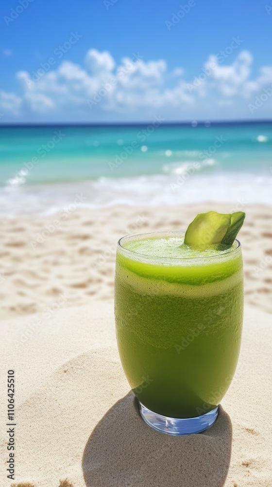 Obraz premium A vibrant green beverage sits on warm sand, capturing the essence of relaxation. The ocean glistens under a clear sky, creating a serene atmosphere perfect for enjoyment