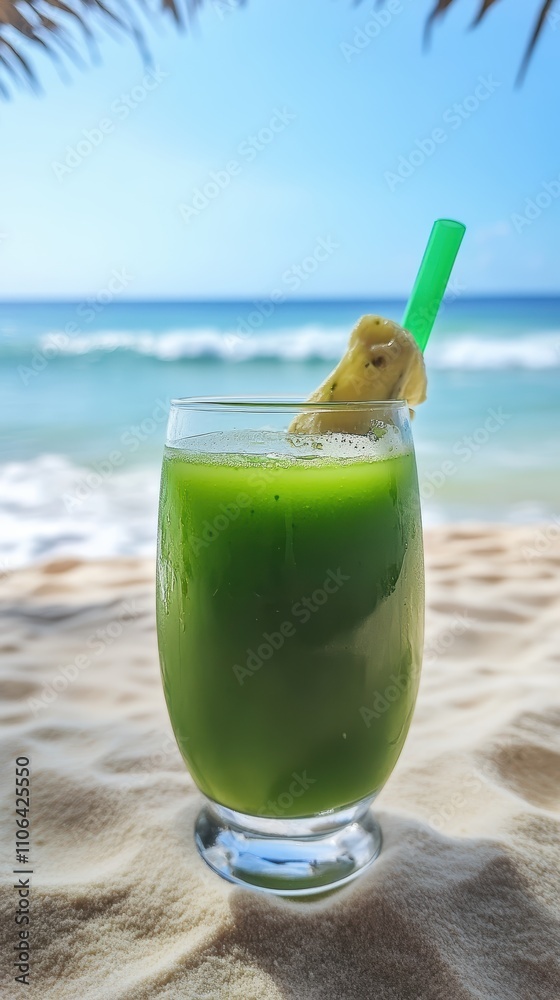 Obraz premium A delicious green beverage sits on soft sand, complemented by a slice of pineapple. The tranquil ocean waves create a serene backdrop, ideal for relaxation