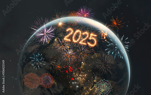 Obraz na płótnie 3D illustration of Christmas fireworks above the Earth. New Year 2025. High quality digital space sci-fi art in 5K - realistic visualization w salonie