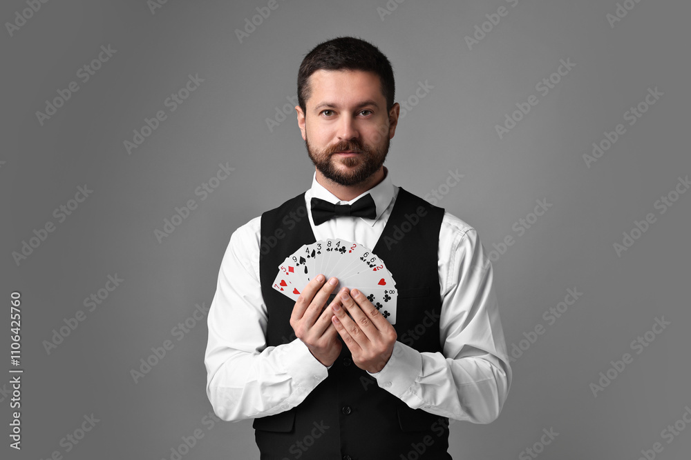 Professional croupier with playing cards on grey background Professional croupier with playing cards on grey background