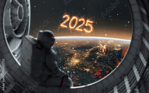 Fototapeta Naklejka Na Ścianę i Meble -  3D illustration of astronaut sits by the window of a space station, looks at the Christmas fireworks above the Earth. New Year 2025