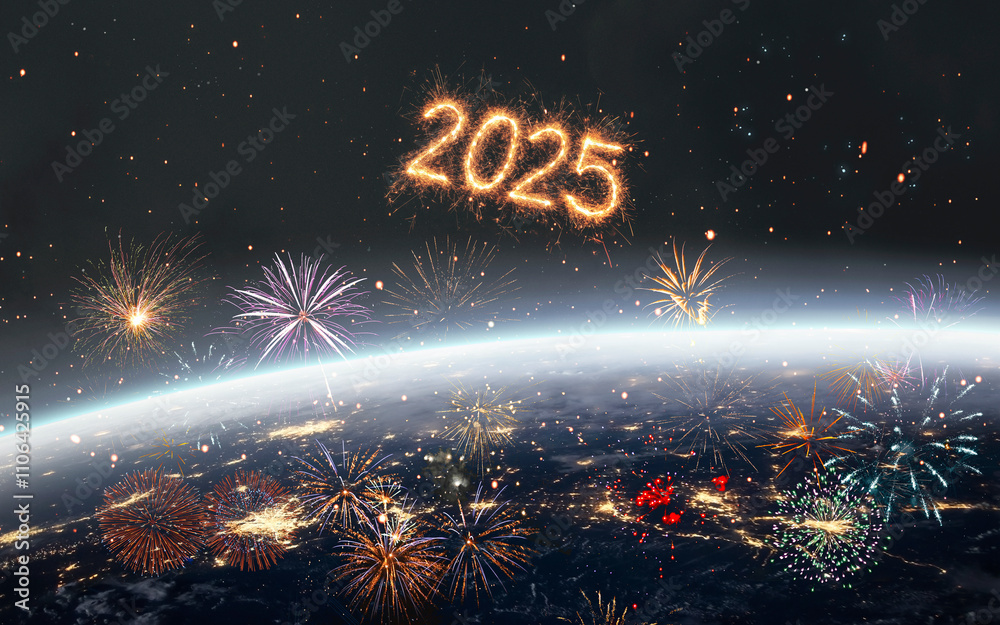 3D illustration of Christmas fireworks above the Earth. New Year 2025. High quality digital space sci-fi art in 5K - realistic visualization