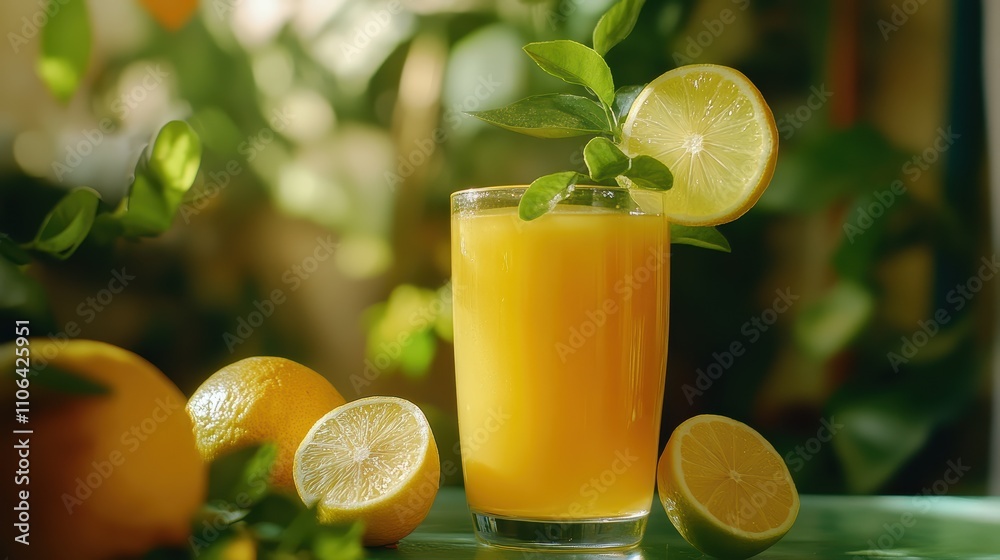 Fototapeta premium Bright lemon juice in a glass, garnished with fresh lemon slices and leaves. Juicy lemons surround the glass on a table filled with greenery, capturing a vibrant atmosphere