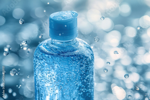 Bottle of water with bubbles floating, reflecting light. photo