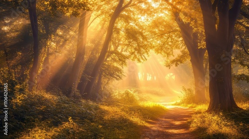 A mystical forest reveals its beauty as golden sunlight filters through the tall trees, creating a serene atmosphere. The tranquil path invites exploration in the soft glow