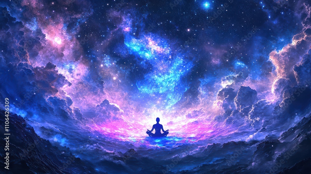 A tranquil celestial garden floats in the vastness of space, filled with vibrant colors and ethereal clouds. A meditative figure sits peacefully, embracing harmony and serenity A tranquil celestial garden floats in the vastness of space, filled with vibrant colors and ethereal clouds. A meditative figure sits peacefully, embracing harmony and serenity
