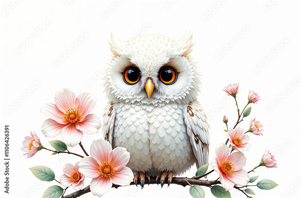 Naklejka premium White owl perched on a branch surrounded by pink flowers in a vibrant illustration