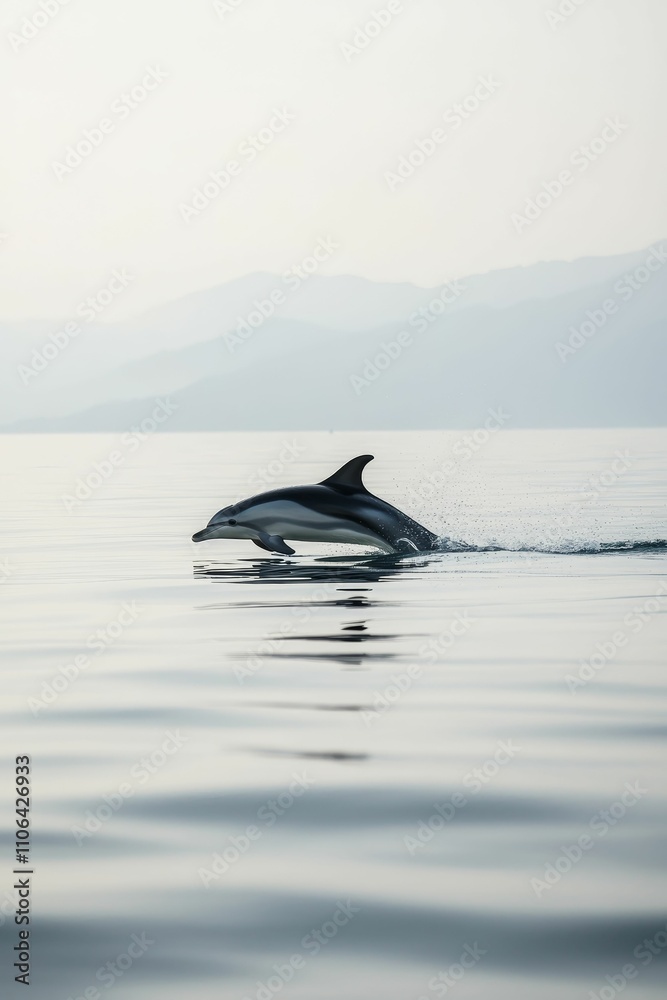 Fototapeta premium Dolphin leaps, ocean, hazy mountains.