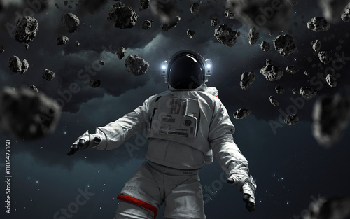 Obraz na płótnie 3D illustration of astronaut in detailed suit floating in space. High quality digital space sci-fi art in 5K - realistic visualization w salonie