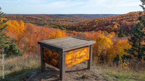 A wooden table sits on a hilltop overlooking a valley filled with vibrant autumn foliage.