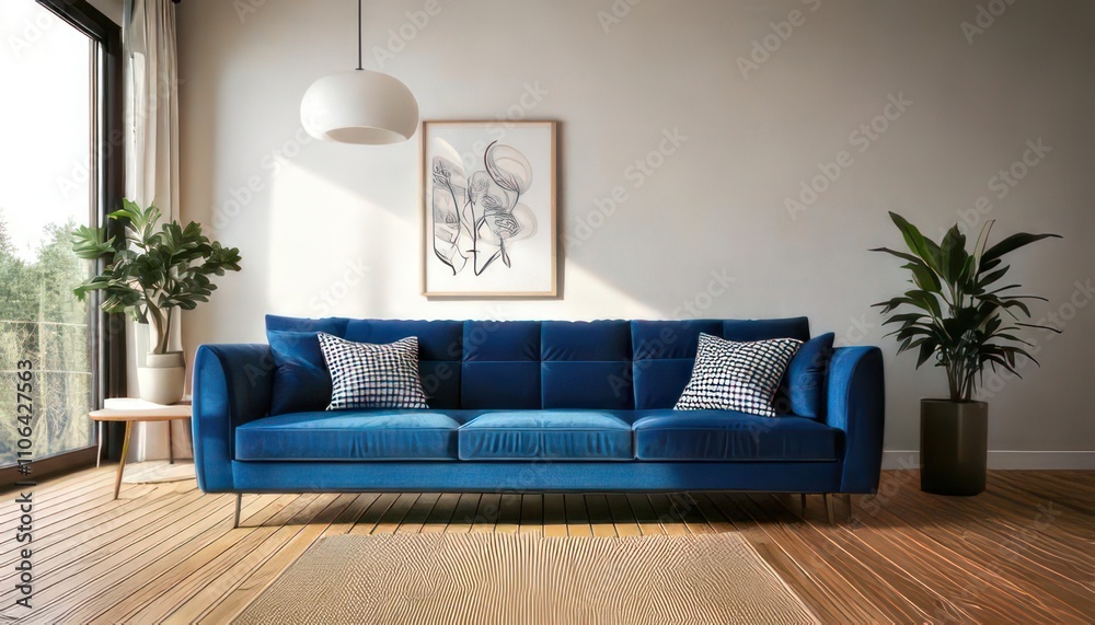 Obraz premium Modern Living Room Design Featuring Blue Sofa 3D Render