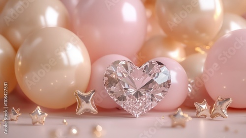 Soft pink with a heart-shaped diamond, small star clusters, and warm champagne-colored balloons. photo