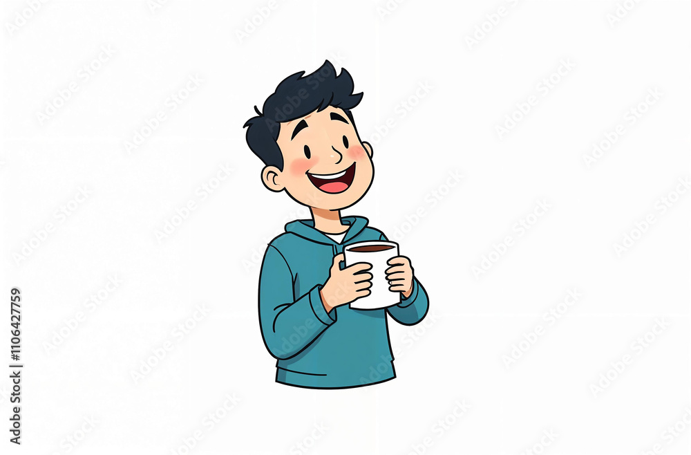 Happy young person enjoying a warm drink while wearing a blue hoodie indoors Happy young person enjoying a warm drink while wearing a blue hoodie indoors