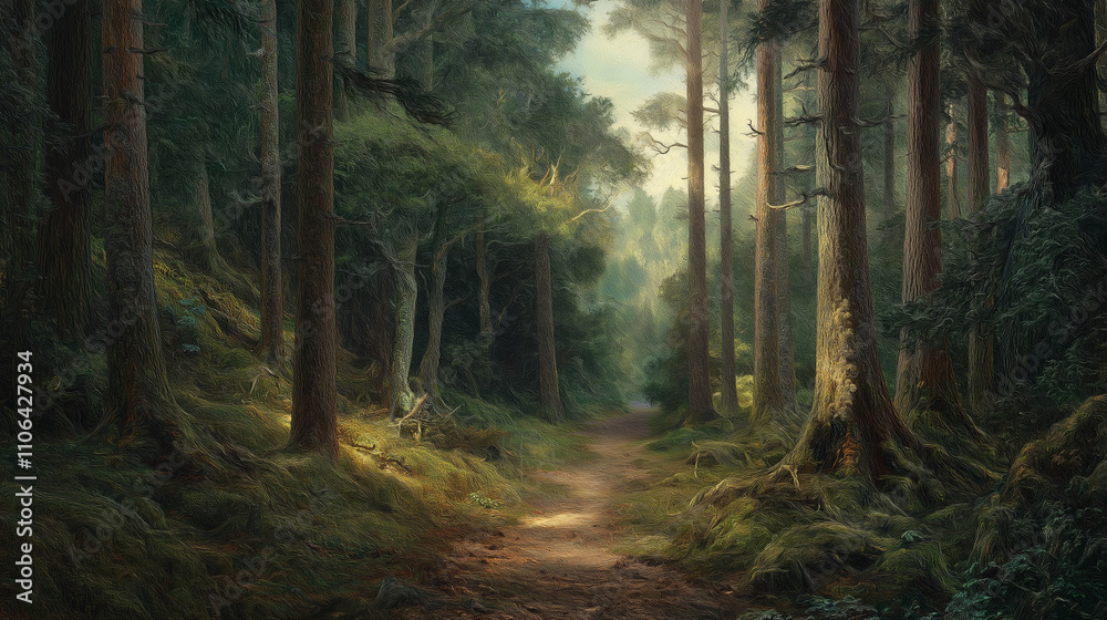 Fototapeta premium Lichtdurchfluteter Waldweg zwischen hohen, grünen Bäumen