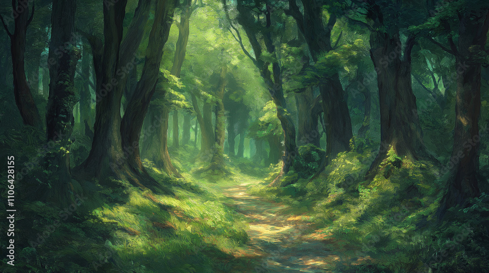 Fototapeta premium Lichtdurchfluteter Waldweg zwischen hohen, grünen Bäumen