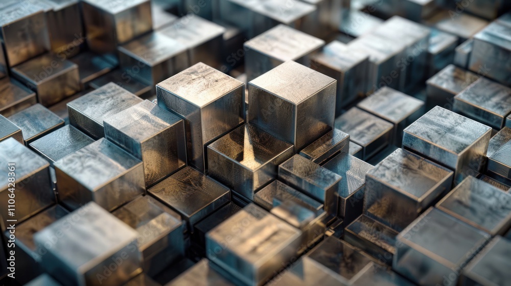 view of stack of metal cubes lined up view of stack of metal cubes lined up