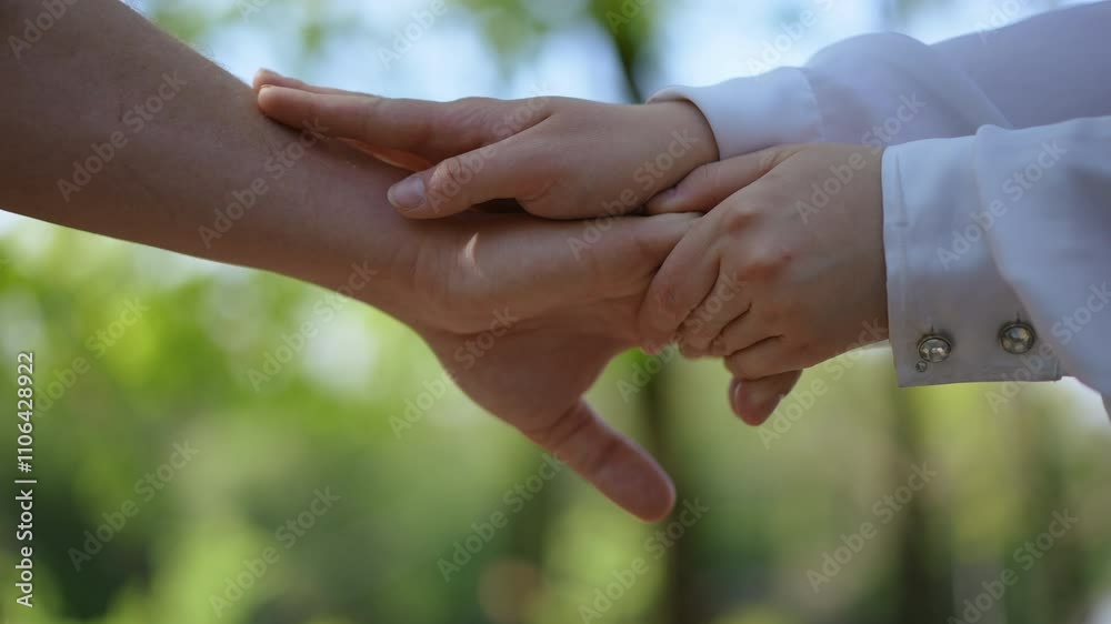 A beautifully profound connection is illustrated as two hands gently clasp together amid a serene, natural backdrop A beautifully profound connection is illustrated as two hands gently clasp together amid a serene, natural backdrop