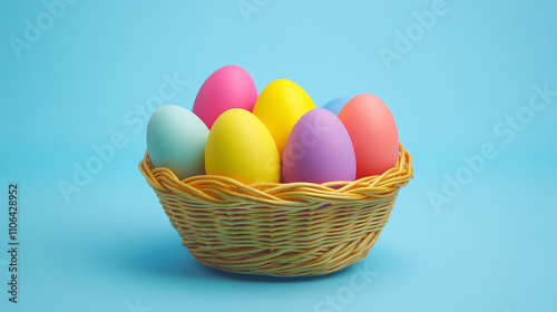 Colorful easter eggs in a basket on a light blue background