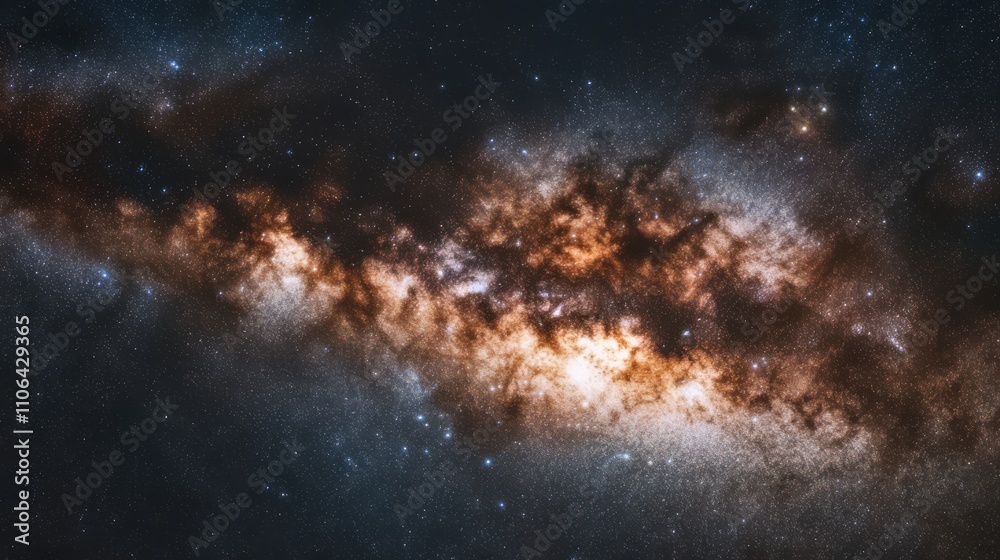 Majestic view of the Milky Way galaxy, showcasing its swirling dust and gas clouds, and countless stars. Majestic view of the Milky Way galaxy, showcasing its swirling dust and gas clouds, and countless stars.